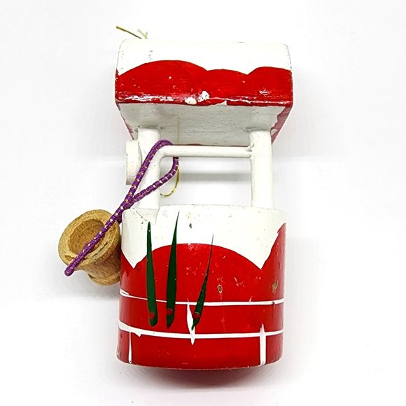Christmas Vintage Red White Wishing Well Bucket Wood Holiday Ornament - Picture 8 of 9